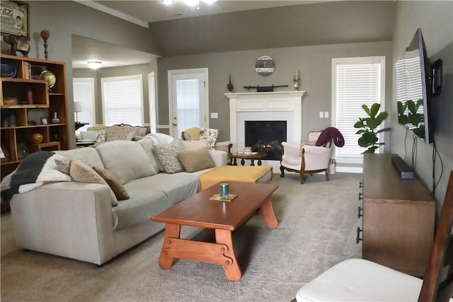 living room featuring light carpet