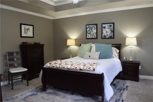 bedroom featuring carpet floors and ornamental molding