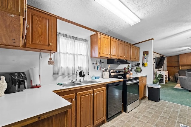 kitchen with electric stove, sink, black dishwasher, and a textured ceiling