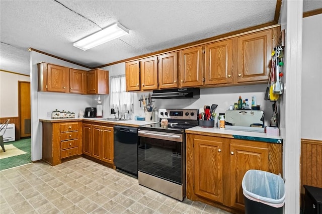 kitchen featuring dishwasher, lofted ceiling, sink, stainless steel range with electric stovetop, and crown molding