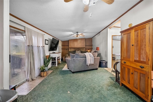 carpeted living room featuring a textured ceiling and crown molding