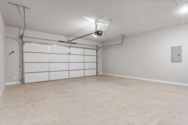 garage with electric panel and a garage door opener