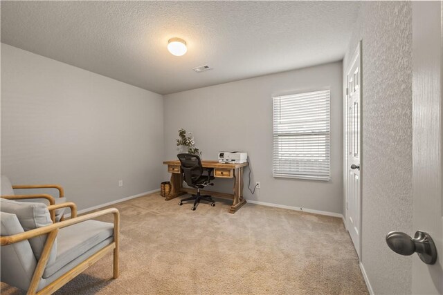 carpeted office space with a textured ceiling