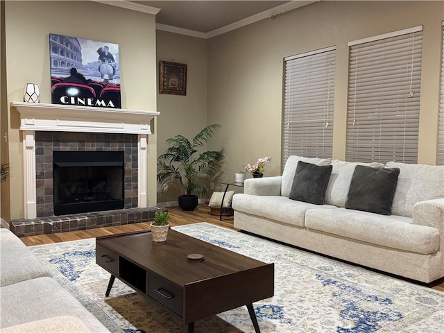 living room featuring crown molding, a fireplace, and hardwood / wood-style floors