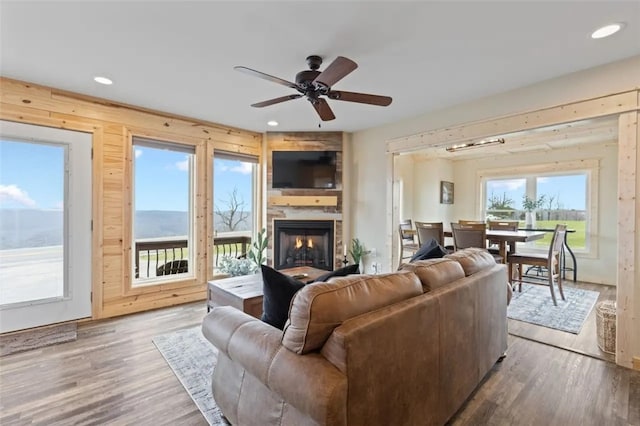 living room with ceiling fan and wood-type flooring