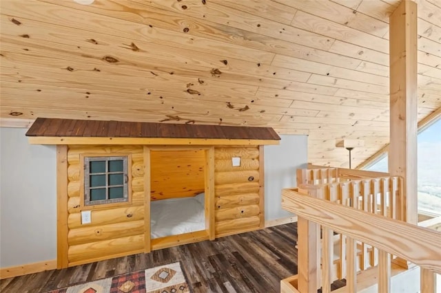 bonus room with rustic walls, wood ceiling, and dark hardwood / wood-style floors