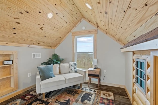 sitting room with dark wood-type flooring, wood ceiling, and lofted ceiling