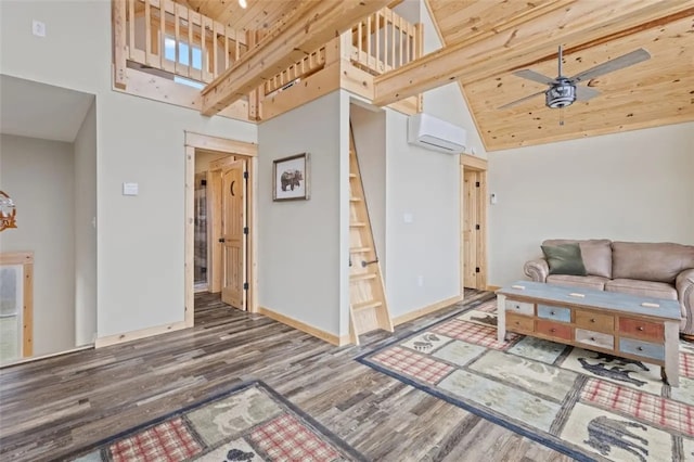 living room with high vaulted ceiling, wood-type flooring, wood ceiling, and a wall mounted air conditioner