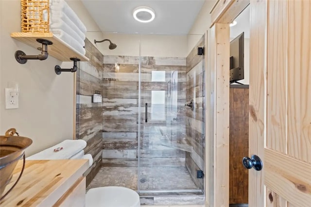 bathroom with toilet, a shower with shower door, and vanity