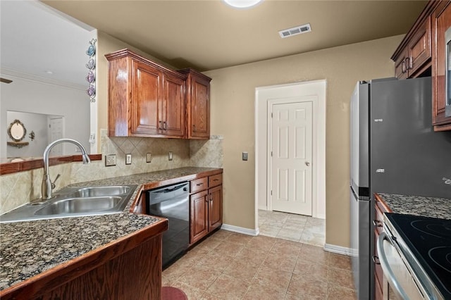 kitchen featuring black dishwasher, tasteful backsplash, sink, light tile patterned floors, and crown molding