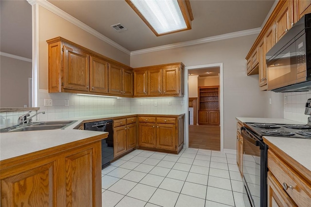 kitchen featuring sink, black appliances, ornamental molding, and light tile patterned flooring