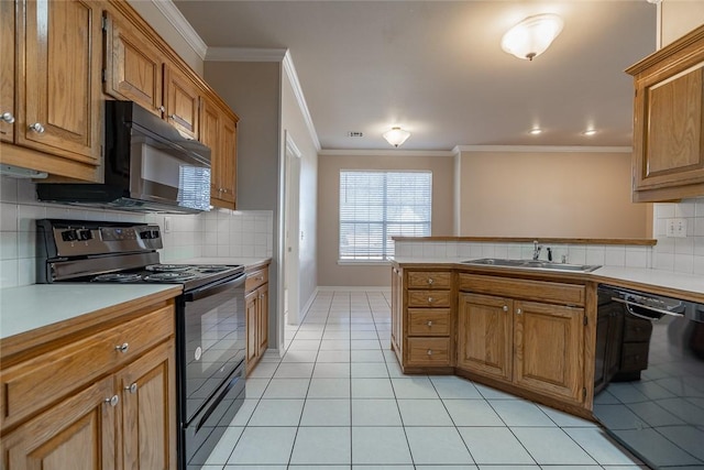 kitchen with sink, light tile patterned floors, black appliances, and ornamental molding