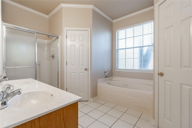 bathroom featuring plenty of natural light, tile patterned floors, and ornamental molding