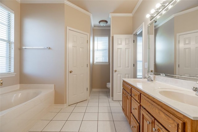 bathroom with tile patterned floors, toilet, crown molding, and a healthy amount of sunlight