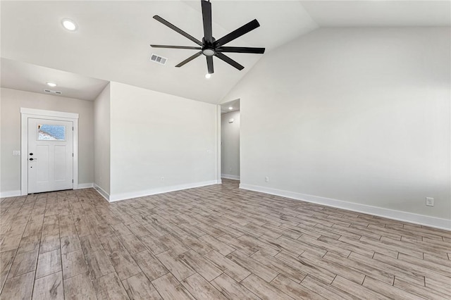 unfurnished room featuring baseboards, wood finished floors, visible vents, and ceiling fan