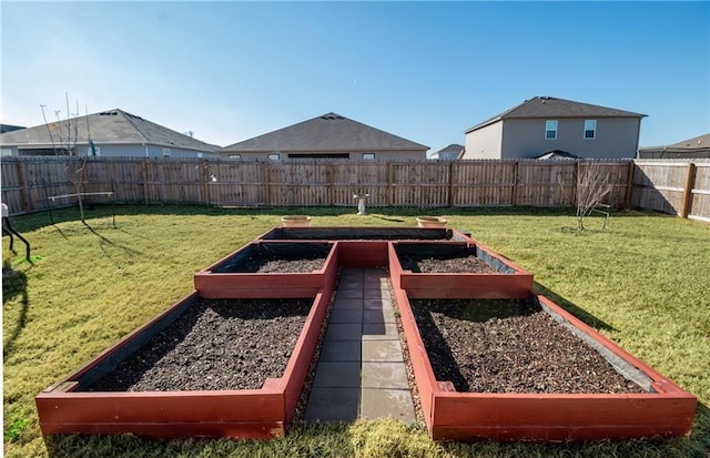 view of yard with a garden and a fenced backyard