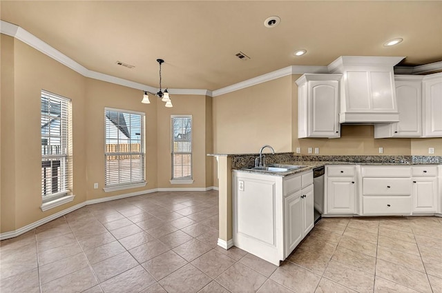 kitchen featuring white cabinetry, kitchen peninsula, light tile patterned flooring, stainless steel dishwasher, and sink