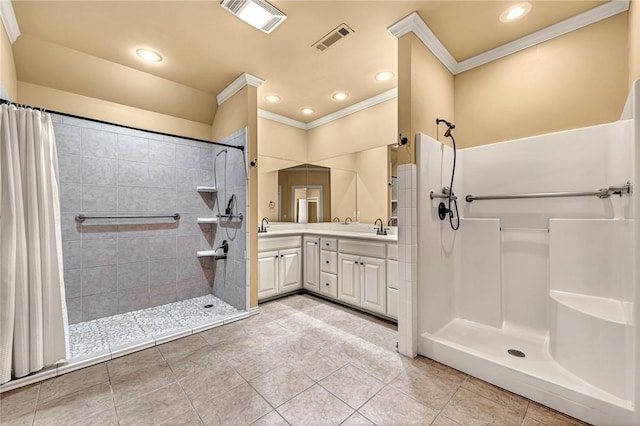 bathroom with tile patterned floors, vanity, crown molding, and a shower with shower curtain