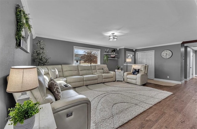 living room featuring wood-type flooring and ornamental molding