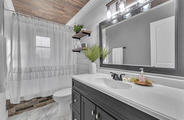 bathroom featuring toilet, vanity, wood walls, and wood ceiling