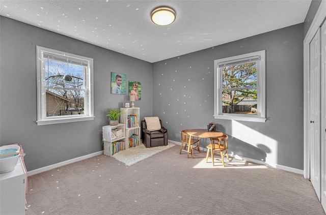 playroom with a wealth of natural light and carpet flooring