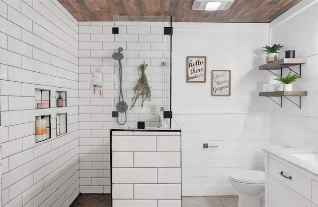 bathroom featuring tile walls, a walk in shower, and wood ceiling