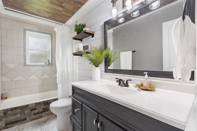 full bath featuring wood ceiling, tiled shower / bath, marble finish floor, toilet, and vanity
