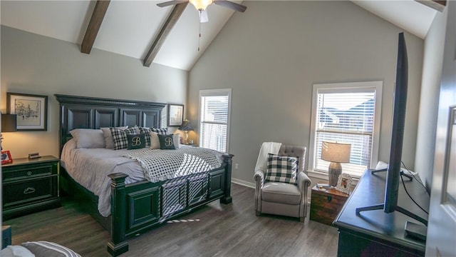 bedroom featuring multiple windows, dark wood-type flooring, high vaulted ceiling, and ceiling fan