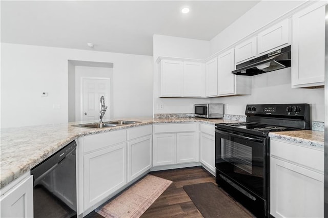 kitchen with sink, white cabinets, light stone countertops, dark hardwood / wood-style floors, and black appliances