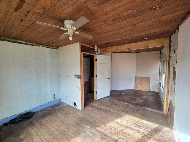 spare room featuring ceiling fan, wood-type flooring, and wood ceiling