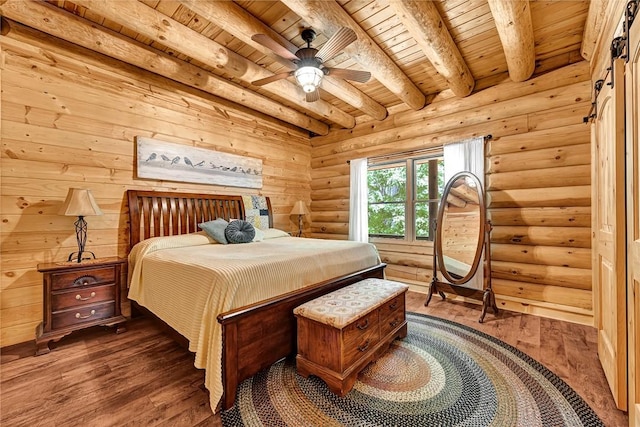 bedroom with dark wood-type flooring, rustic walls, ceiling fan, wooden ceiling, and beam ceiling