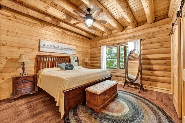 170 Meadow Ridge Rd, Eureka Springs, AR 72632 - bedroom featuring wood ceiling with exposed beams, wood-type flooring, log walls, and a ceiling fan