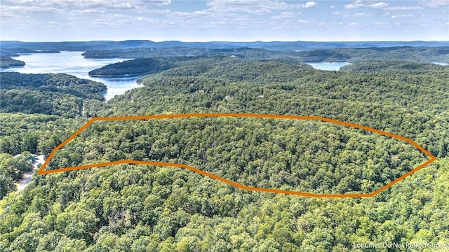 drone / aerial view featuring a water and mountain view