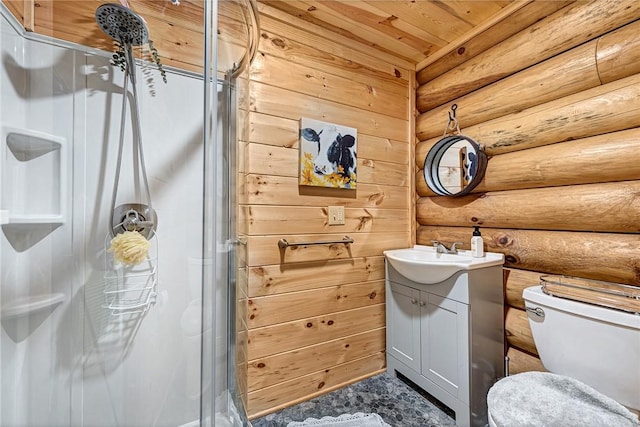 bathroom featuring wooden ceiling, walk in shower, vanity, and log walls