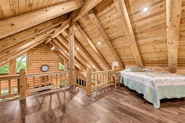 bedroom featuring rustic walls, vaulted ceiling with beams, hardwood / wood-style floors, and wooden ceiling