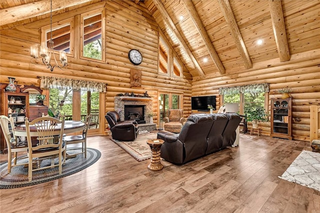 living room featuring hardwood / wood-style floors, log walls, wood ceiling, high vaulted ceiling, and beam ceiling