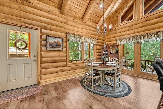 dining space with log walls, high vaulted ceiling, hardwood / wood-style flooring, wooden ceiling, and beam ceiling