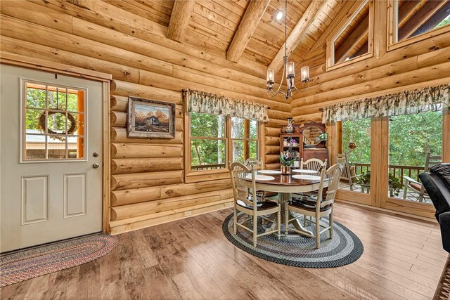 170 Meadow Ridge Rd, Eureka Springs, AR 72632 - dining space featuring wood ceiling, wood-type flooring, and rustic walls