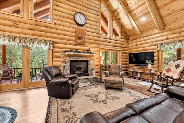 living room with wood-type flooring, rustic walls, beam ceiling, and high vaulted ceiling