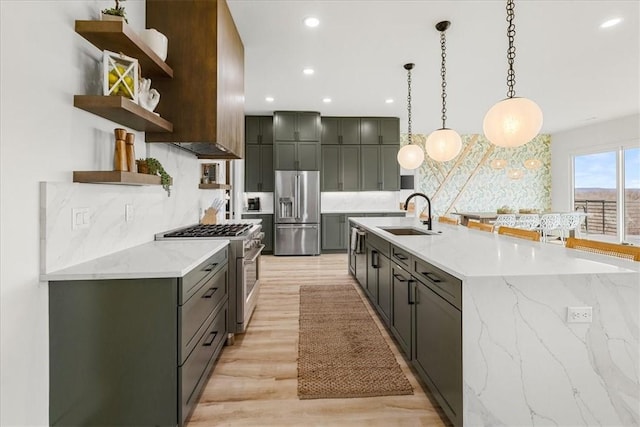 kitchen featuring light wood-style flooring, open shelves, premium appliances, a sink, and backsplash