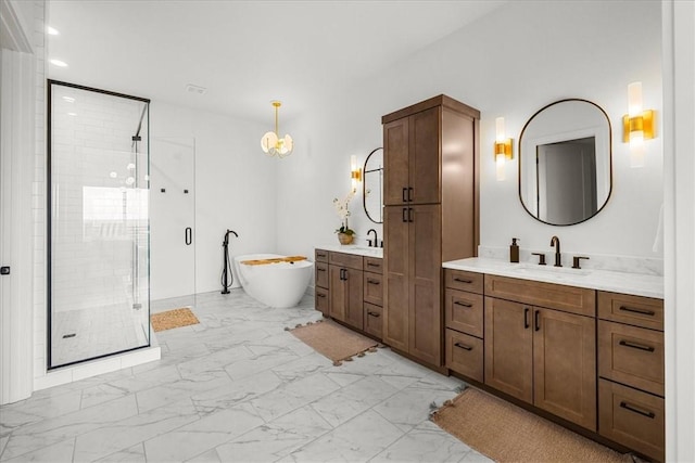 9188 Park Rd, Rogers, AR 72756 - full bath with a freestanding bath, a shower stall, vanity, marble finish floor, and recessed lighting
