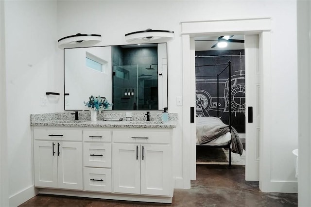 bathroom featuring walk in shower, vanity, tasteful backsplash, and concrete flooring