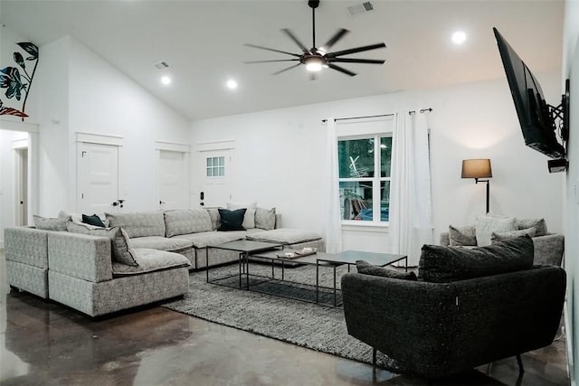 living room featuring high vaulted ceiling and ceiling fan