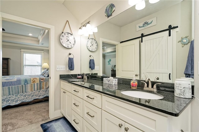 bathroom featuring a raised ceiling, vanity, and ornamental molding