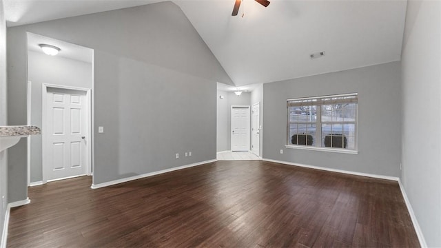 unfurnished living room featuring ceiling fan, wood-type flooring, and high vaulted ceiling