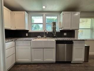 kitchen featuring sink, white cabinetry, stainless steel dishwasher, and a healthy amount of sunlight