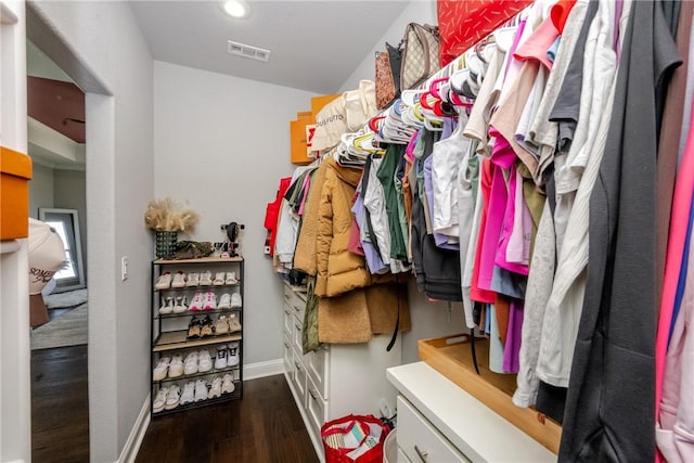 walk in closet with dark hardwood / wood-style floors