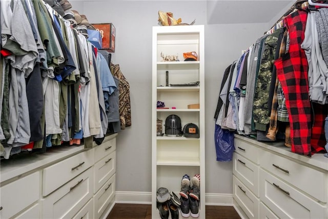 walk in closet with dark hardwood / wood-style floors