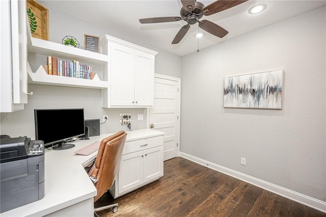 office area featuring ceiling fan, dark hardwood / wood-style floors, and built in desk