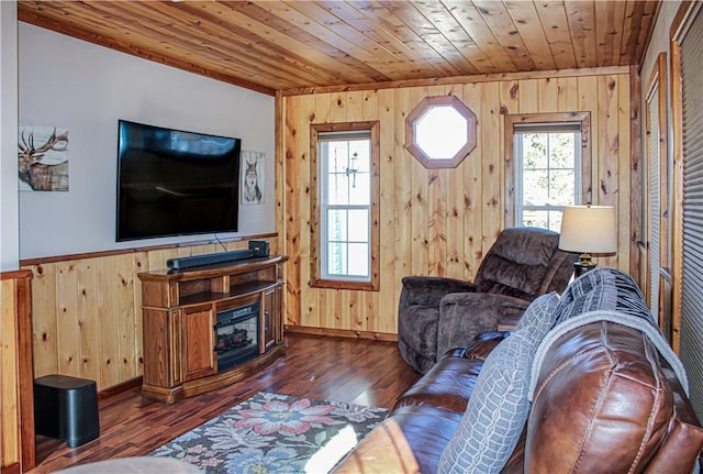 living room with dark wood-type flooring, wood walls, and wooden ceiling